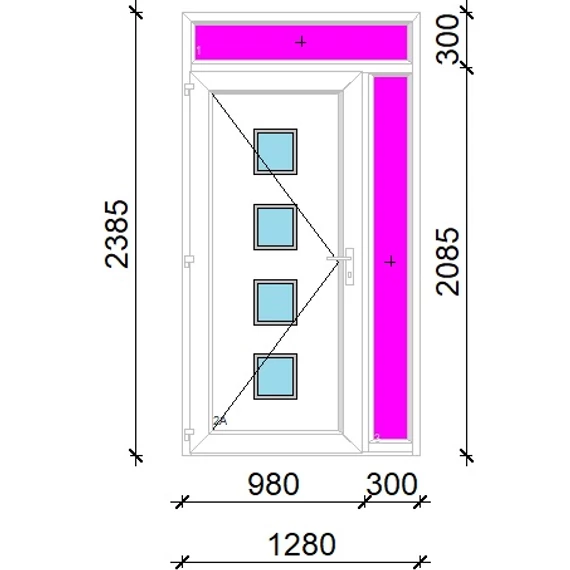 Műanyag bejárati ajtó 130x240 balos Tampa 4 üveges 3 rétegű üveggel extra vastag hőszigetelt panellal felül+oldalvilágítóval 5 kamrás fehér