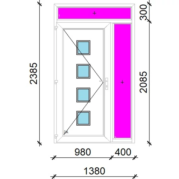 Műanyag bejárati ajtó 140x240 balos Tampa 4 üveges 3 rétegű üveggel extra vastag hőszigetelt panellal felül+oldalvilágítóval 5 kamrás fehér