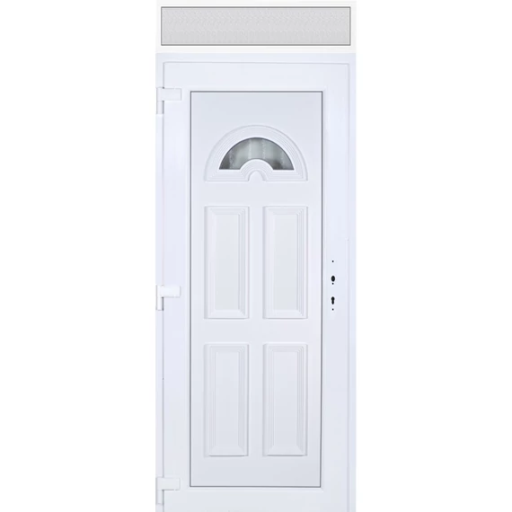 Műanyag bejárati ajtó 100x240 balos Miami 1 üveges 3 rétegű üveggel extra vastag hőszigetelt panellal felülvilágítóval 5 kamrás fehér