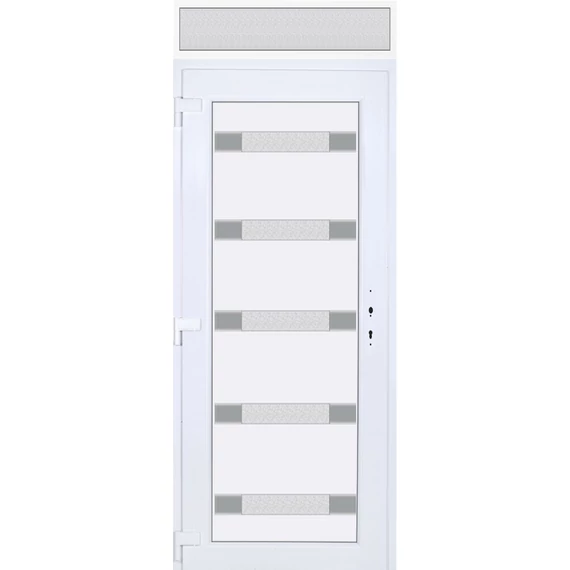 Műanyag bejárati ajtó 100x240 balos Sarasota 5 üveges Aluminium rátétes felülvilágítóval 5 kamrás fehér