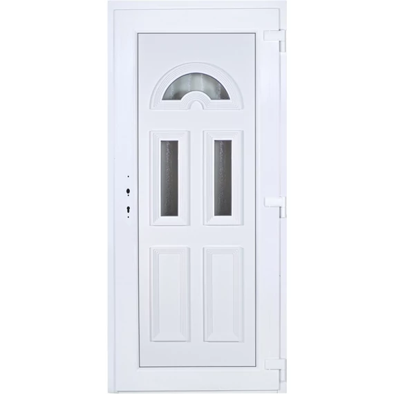 Műanyag bejárati ajtó 100x210 jobbos Miami 3 üveges 3 rétegű üveggel extra vastag hőszigetelt panellal 5 kamrás fehér