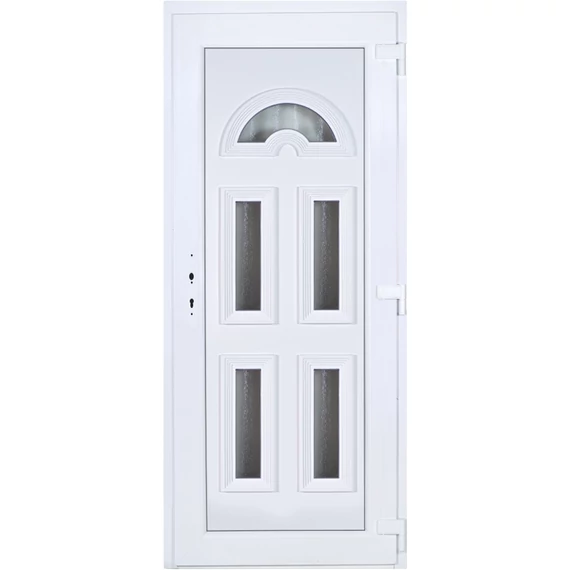 Műanyag bejárati ajtó 90x210 jobbos Miami 5 üveges 3 rétegű üveggel extra vastag hőszigetelt panellal 5 kamrás fehér