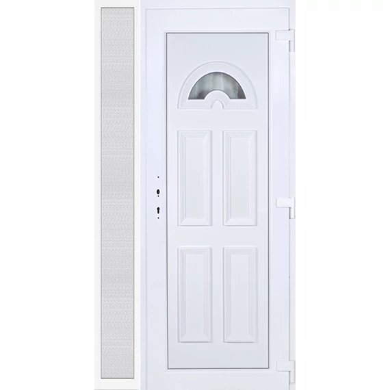 Műanyag bejárati ajtó 120x210 jobbos Miami 1 üveges 3 rétegű üveggel extra vastag hőszigetelt panellal oldalvilágítóval 5 kamrás fehér