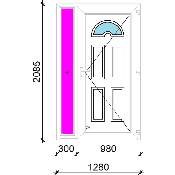 Műanyag bejárati ajtó 130x210 jobbos Miami 1 üveges 3 rétegű üveggel extra vastag hőszigetelt panellal oldalvilágítóval 5 kamrás fehér