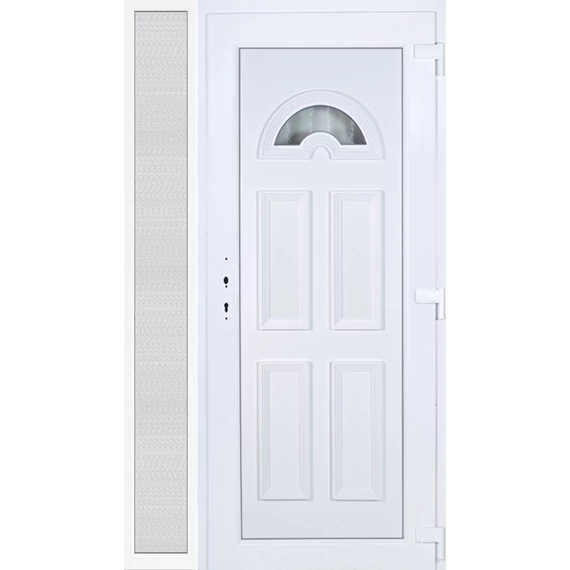 Műanyag bejárati ajtó 130x210 jobbos Miami 1 üveges 3 rétegű üveggel extra vastag hőszigetelt panellal oldalvilágítóval 5 kamrás fehér