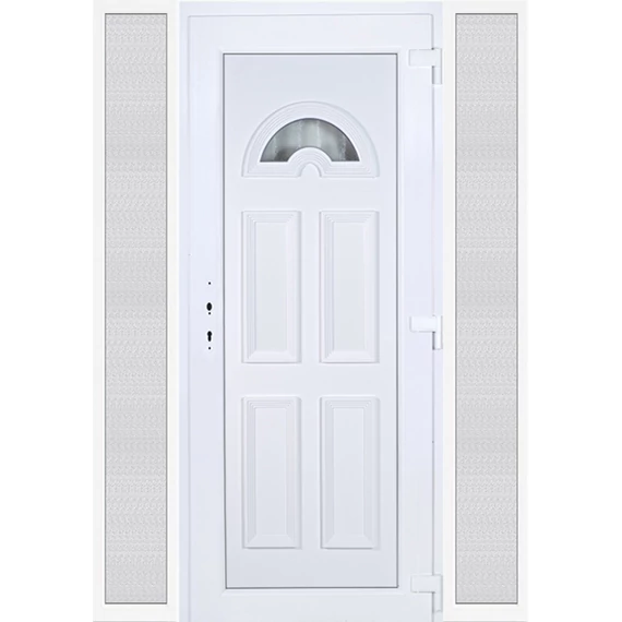 Műanyag bejárati ajtó 160x210 jobbos Miami 1 üveges 3 rétegű üveggel extra vastag hőszigetelt panellal oldalvilágítóval 5 kamrás fehér