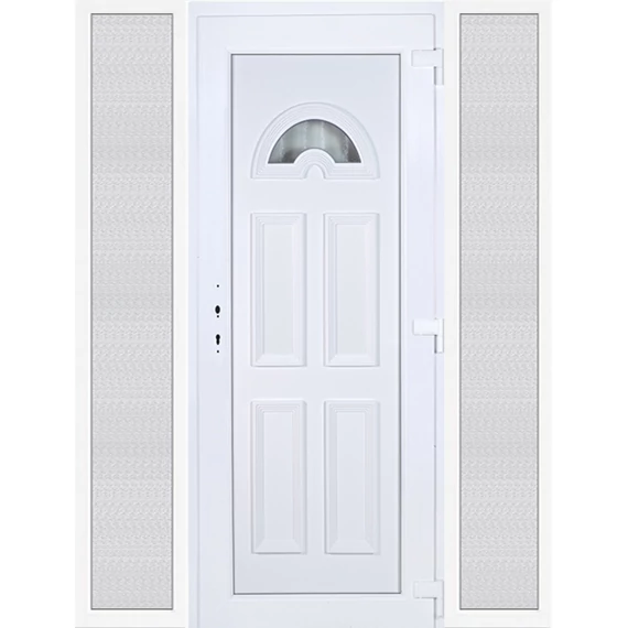 Műanyag bejárati ajtó 180x210 jobbos Miami 1 üveges 3 rétegű üveggel extra vastag hőszigetelt panellal oldalvilágítóval 5 kamrás fehér