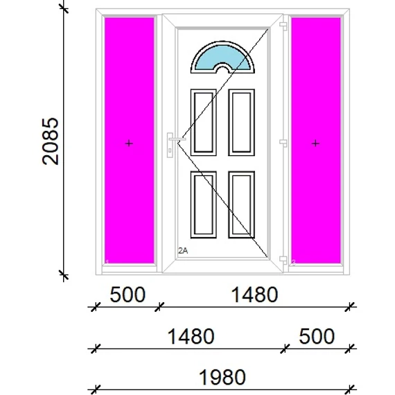 Műanyag bejárati ajtó 200x210 jobbos Miami 1 üveges 3 rétegű üveggel extra vastag hőszigetelt panellal oldalvilágítóval 5 kamrás fehér
