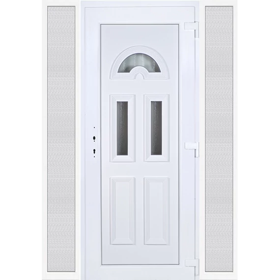 Műanyag bejárati ajtó 160x210 jobbos Miami 3 üveges 3 rétegű üveggel extra vastag hőszigetelt panellal oldalvilágítóval 5 kamrás fehér