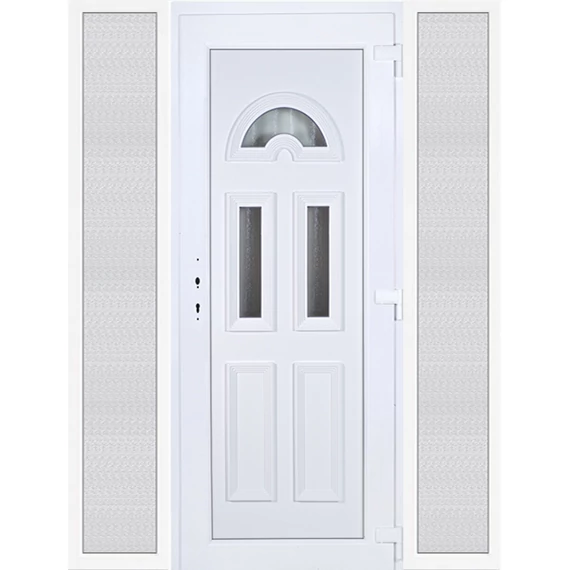 Műanyag bejárati ajtó 180x210 jobbos Miami 3 üveges 3 rétegű üveggel extra vastag hőszigetelt panellal oldalvilágítóval 5 kamrás fehér