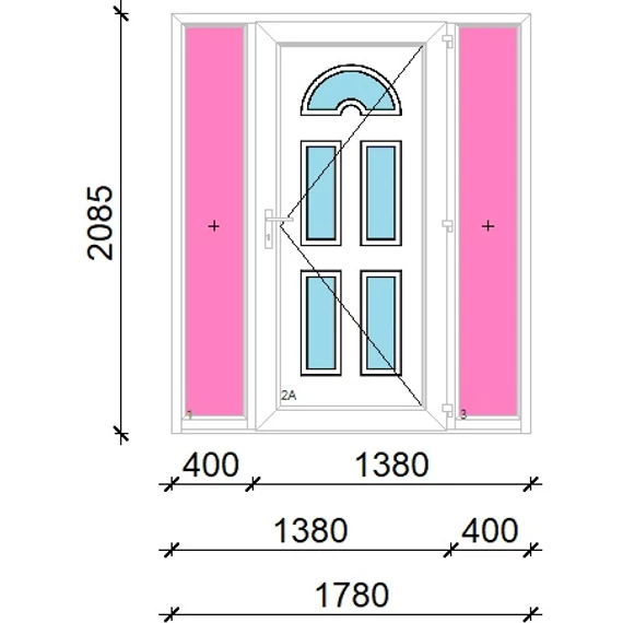 Műanyag bejárati ajtó 180x210 jobbos Miami 5 üveges oldalvilágítóval 5 kamrás fehér