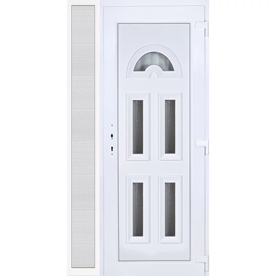 Műanyag bejárati ajtó 120x210 jobbos Miami 5 üveges 3 rétegű üveggel extra vastag hőszigetelt panellal oldalvilágítóval 5 kamrás fehér