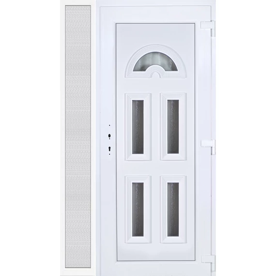 Műanyag bejárati ajtó 130x210 jobbos Miami 5 üveges 3 rétegű üveggel extra vastag hőszigetelt panellal oldalvilágítóval 5 kamrás fehér
