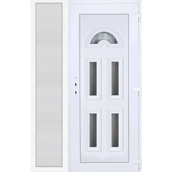 Műanyag bejárati ajtó 140x210 jobbos Miami 5 üveges 3 rétegű üveggel extra vastag hőszigetelt panellal oldalvilágítóval 5 kamrás fehér
