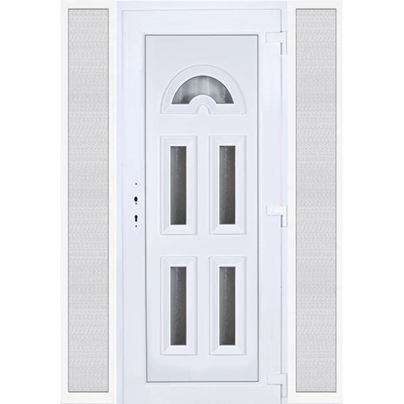Műanyag bejárati ajtó 160x210 jobbos Miami 5 üveges 3 rétegű üveggel extra vastag hőszigetelt panellal oldalvilágítóval 5 kamrás fehér