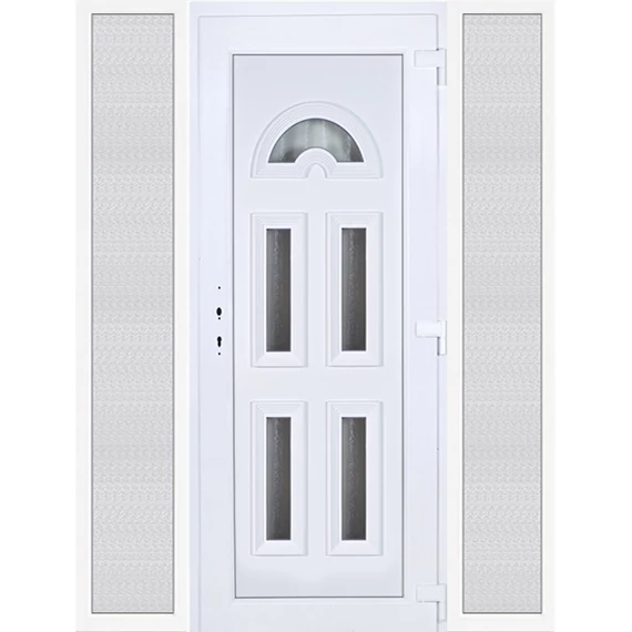 Műanyag bejárati ajtó 180x210 jobbos Miami 5 üveges 3 rétegű üveggel extra vastag hőszigetelt panellal oldalvilágítóval 5 kamrás fehér
