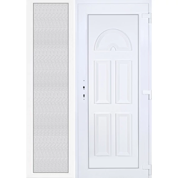 Műanyag bejárati ajtó 150x210 jobbos Miami tömör extra vastag hőszigetelt panellal oldalvilágítóval 5 kamrás fehér