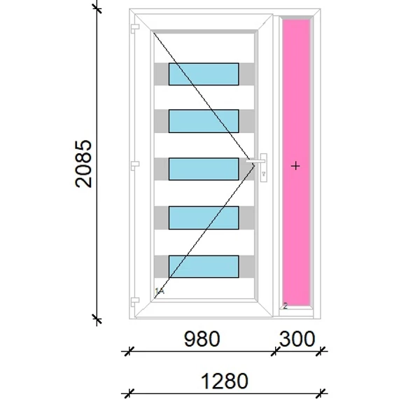 Műanyag bejárati ajtó 130x210 balos Sarasota 5 üveges Aluminium rátétes oldalvilágítóval 5 kamrás fehér