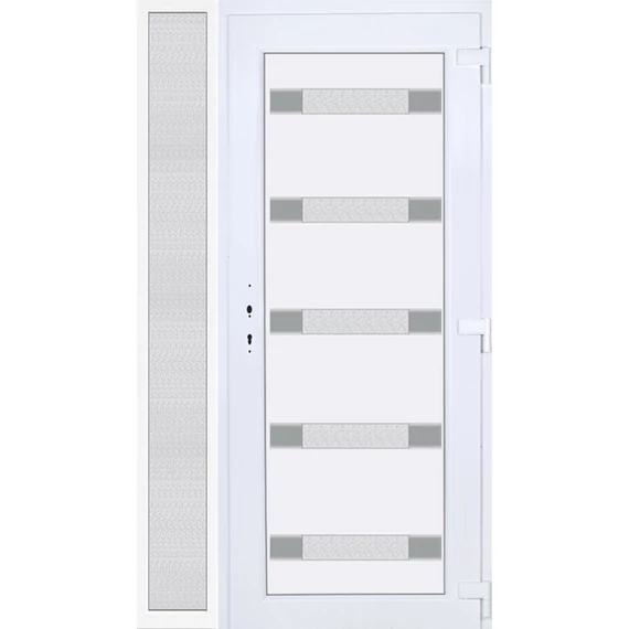 Műanyag bejárati ajtó 130x210 jobbos Sarasota 5 üveges Aluminium rátétes oldalvilágítóval 5 kamrás fehér