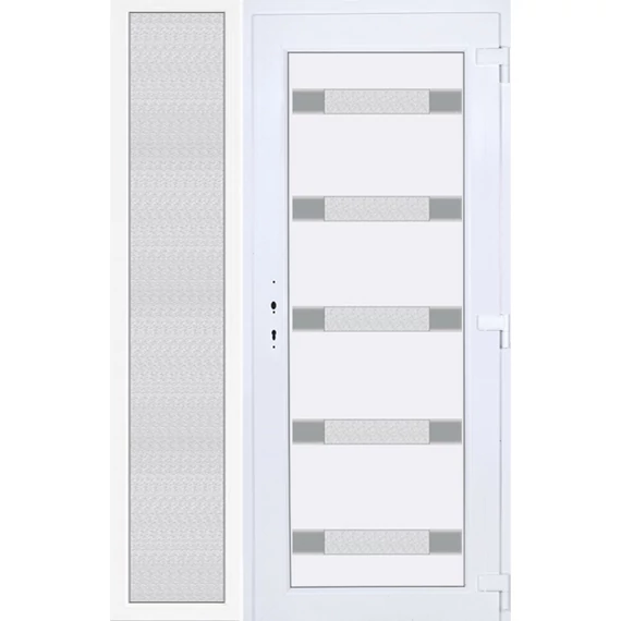 Műanyag bejárati ajtó 140x210 jobbos Sarasota 5 üveges Aluminium rátétes oldalvilágítóval 5 kamrás fehér