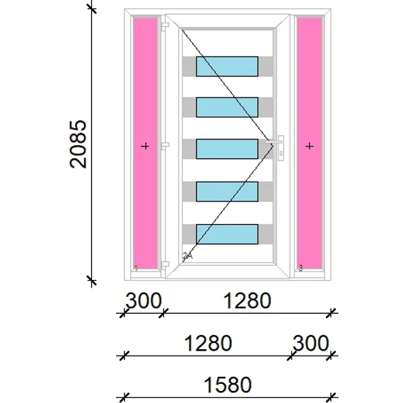 Műanyag bejárati ajtó 160x210 balos Sarasota 5 üveges Aluminium rátétes oldalvilágítóval 5 kamrás fehér