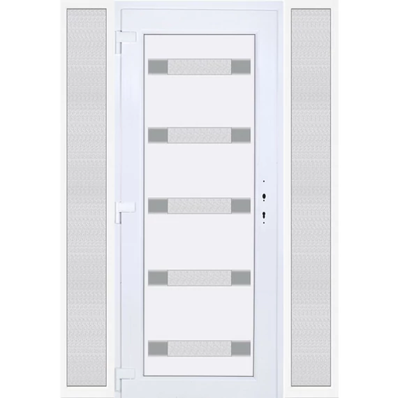 Műanyag bejárati ajtó 160x210 balos Sarasota 5 üveges Aluminium rátétes oldalvilágítóval 5 kamrás fehér