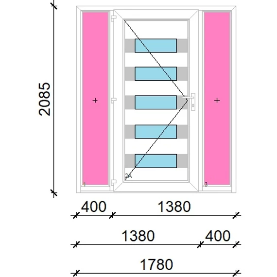 Műanyag bejárati ajtó 180x210 balos Sarasota 5 üveges Aluminium rátétes oldalvilágítóval 5 kamrás fehér