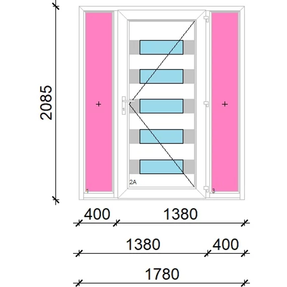 Műanyag bejárati ajtó 180x210 jobbos Sarasota 5 üveges Aluminium rátétes oldalvilágítóval 5 kamrás fehér