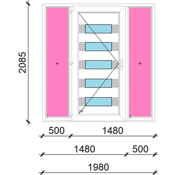 Műanyag bejárati ajtó 200x210 balos Sarasota 5 üveges Aluminium rátétes oldalvilágítóval 5 kamrás fehér