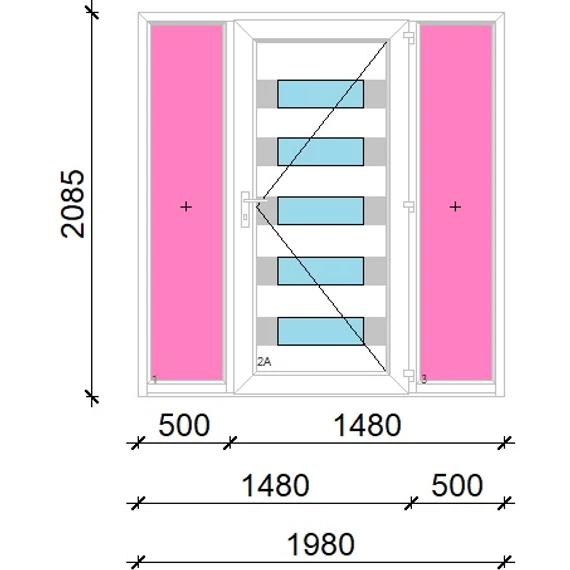 Műanyag bejárati ajtó 200x210 jobbos Sarasota 5 üveges Aluminium rátétes oldalvilágítóval 5 kamrás fehér