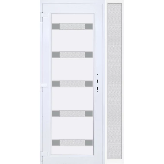 Műanyag bejárati ajtó 120x210 balos Sarasota 5 üveges 3 rétegű üveggel extra vastag hőszigetelt panellal oldalvilágítóval 5 kamrás fehér