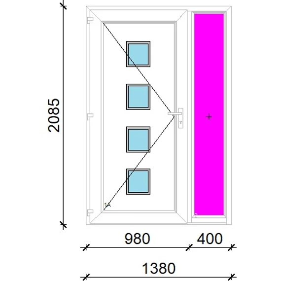 Műanyag bejárati ajtó 140x210 balos Tampa 4 üveges 3 rétegű üveggel extra vastag hőszigetelt panellal oldalvilágítóval 5 kamrás fehér