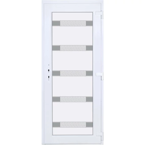 Műanyag bejárati ajtó 90x210 jobbos Sarasota 5 üveges Aluminium rátétes 5 kamrás fehér