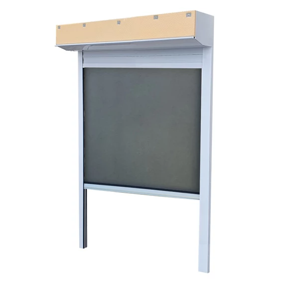 Külső vakolható tokos szunyoghálós műanyag redőny 150x120 ablakhoz, balos, fehér színben, kézi gurtnis működtetéssel 