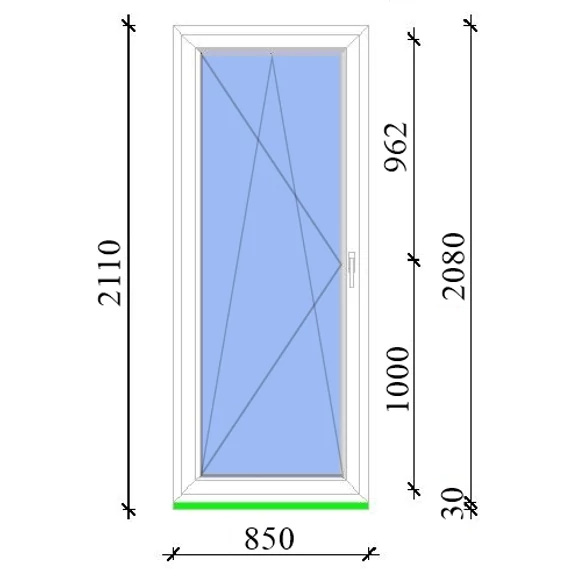 Műanyag erkélyajtó 90x210 Salamander 2 rétegű üveggel bukó nyíló balos fehér 5 kamrás